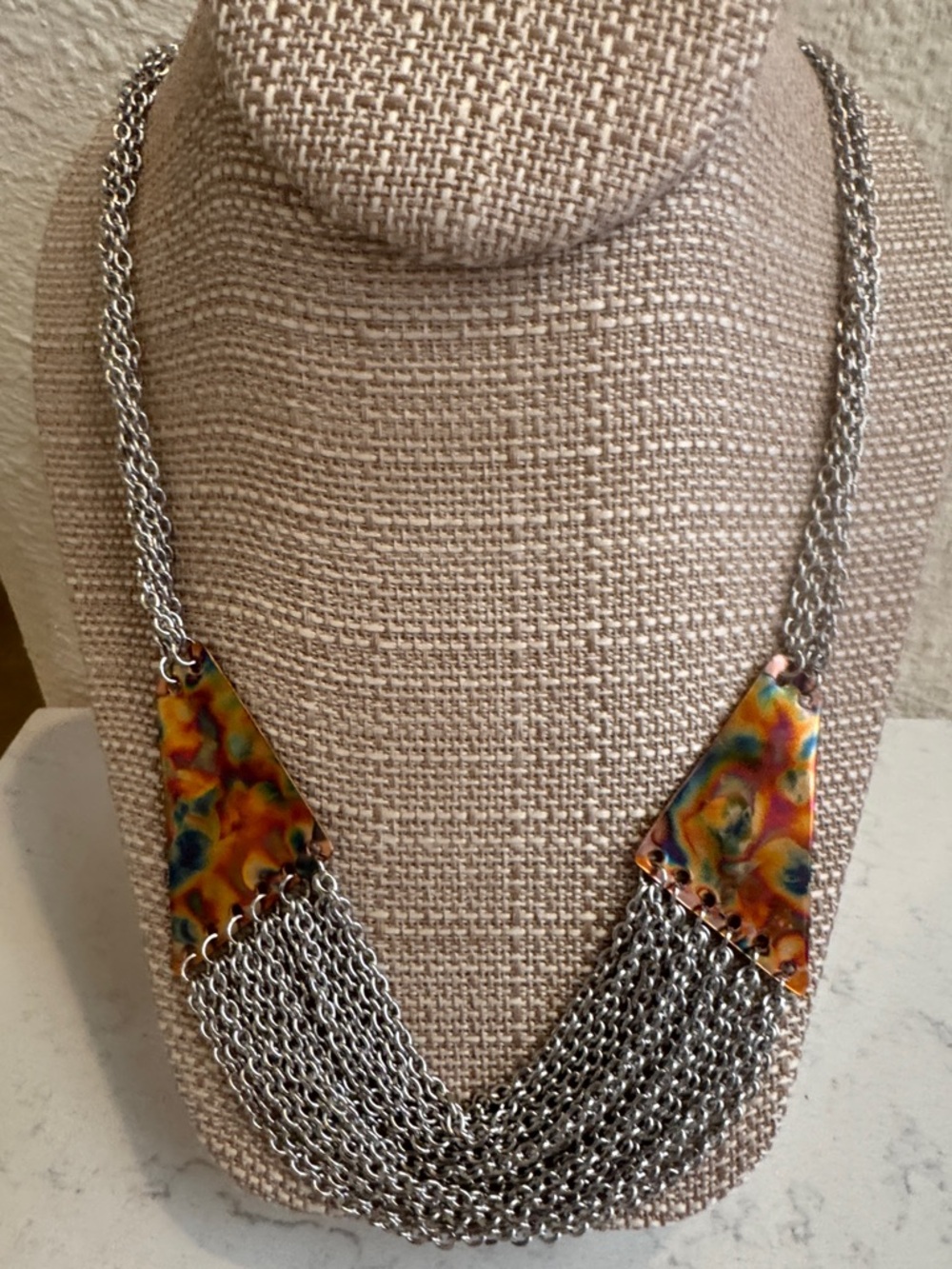 Colorful Multichain Statement Necklace - Silver Chains with Multicolor Accents